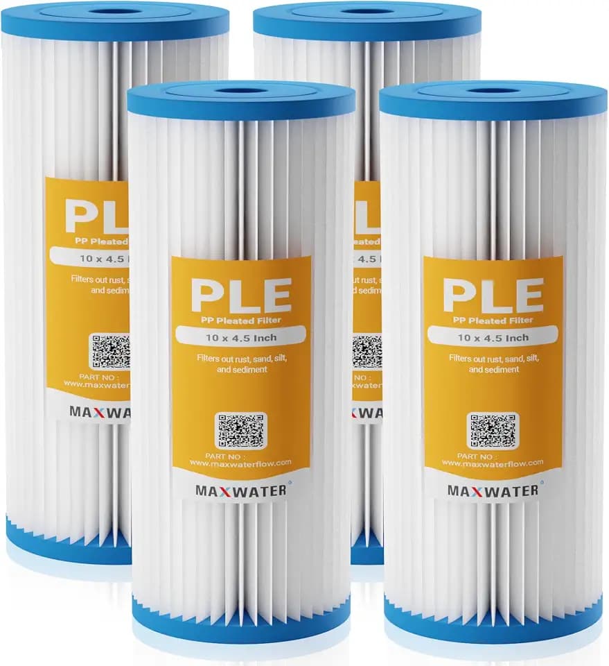 Max Water 5 Micron Pleated Sediment Water Filter 10 x 4.5 Whole House Water Filter Replacement Cartridge For Well Water Compatible with R50-BBSA, FXHSC, CB1-SED10-BB, WFHDC3001, W50PEHD, 4 Pack