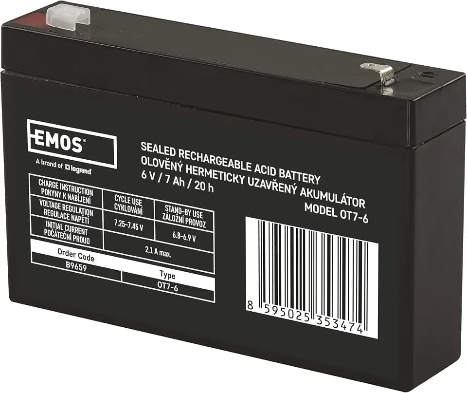 EMOS - Wartungsfreier Bleiakku - 6V 7Ah - AGM Batterie - Faston 4,7mm Anschluss - Für Alarmsysteme, Brandmeldetechnik, USV-Geräte - 151x34x94 mm