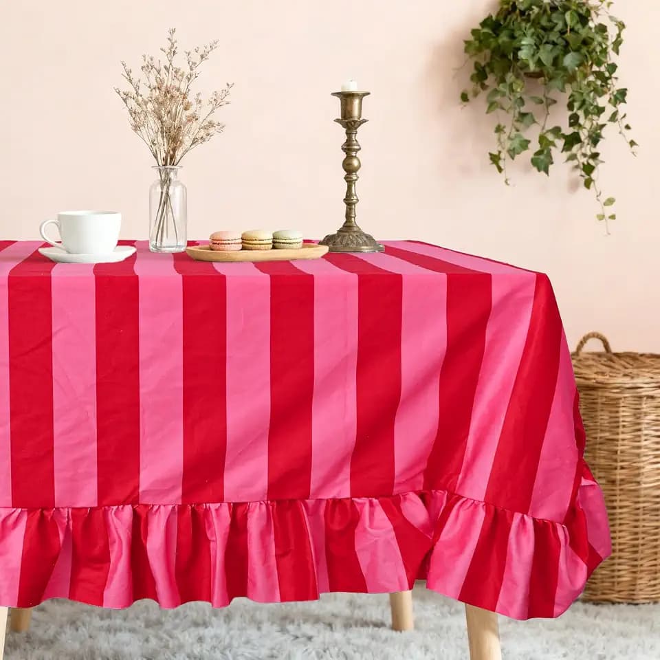 JarThenaAMCS Ruffle Tablecloth Table Cloth Boho Pink Red Striped Rectangle Decorative Table Cover for Home Kitchen Baby Shower Party Wedding Decor, 55 x 70 Inch(Include Ruffle Edge)