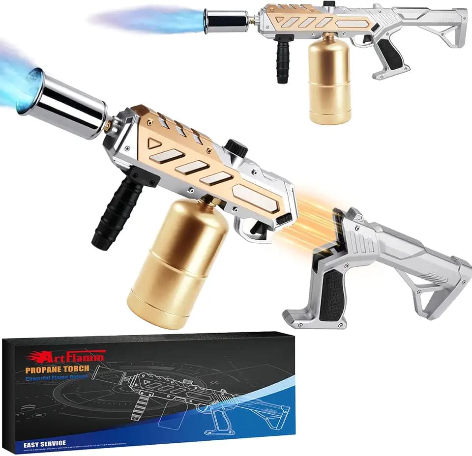 Adjustable Propane Torch Gun – High-Temperature Flame Thrower for Soldering, Welding, Gardening, and Outdoor Cooking – Detachable Design, Easy to Use and Portable (Silver Gold)