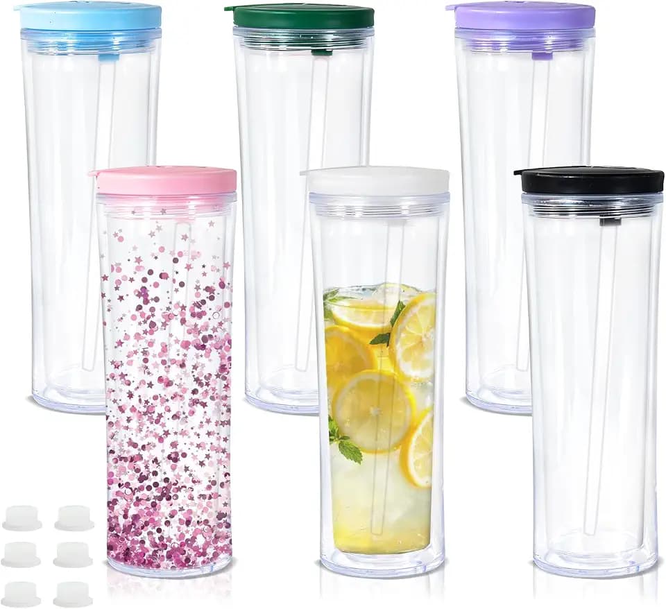 25oz Plastic Snow globe Cups, 6pack Snowglobe Cup with Colored Lids and Straws,Snowglobe Tumbler with Pre Drilled and Plug, Unbreakable Double Wall Plastic Cup for Glitter, Individually Packaged