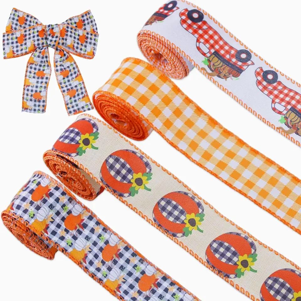 4 Rolls 12 Yards Buffalo Plaid Ribbons 1.5 Inch Wide Burlap Ribbon Check Gingham Fabric Craft Ribbon Fall Orange Pumpkin for Thanksgiving Party Gift Wrapping Crafts Decoration