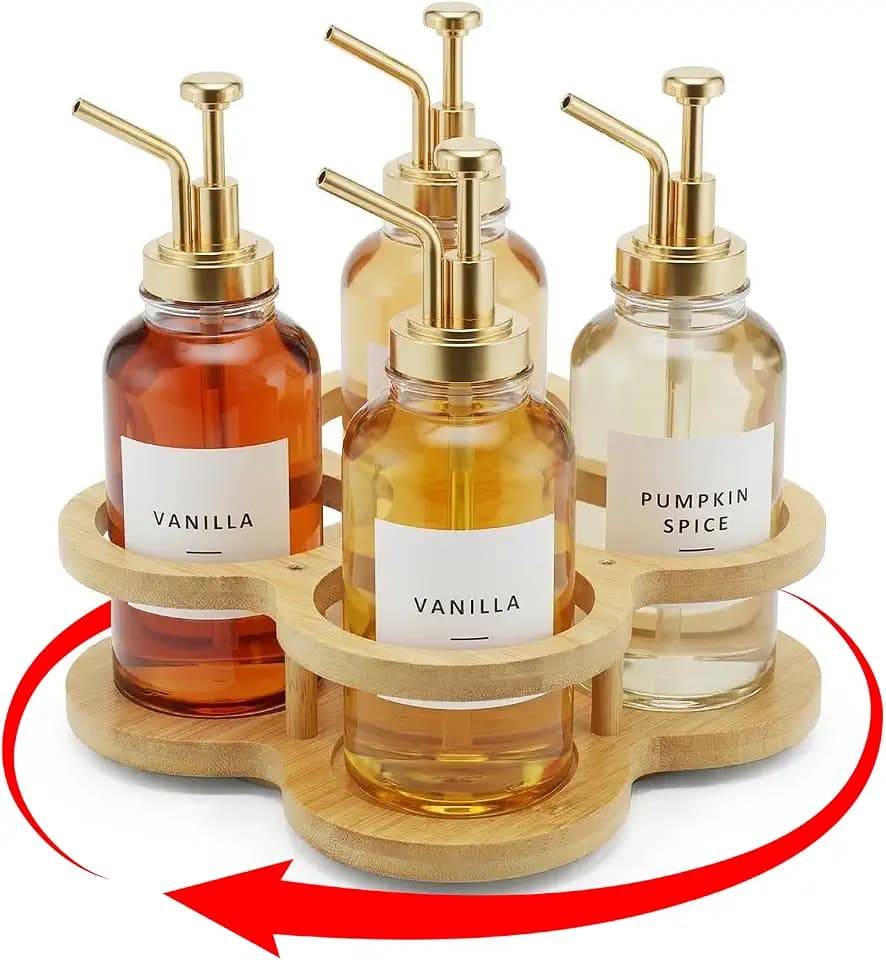 Rotating Coffee Syrup Organizer Rack, 4 Bottles Syrup Bottle Holder for Coffee Syrup Dispenser 16.9oz, Bamboo Coffee Syrup Rack for Coffee Bar Station Countertop, Coffee Bar Accessories