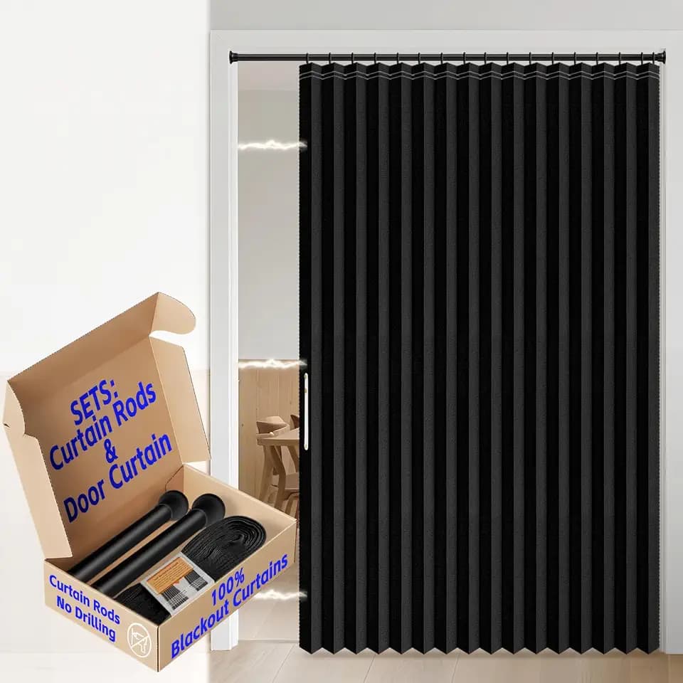 AJAZZ Blackout Sliding Door Curtains with Curtain Rods Adjustable 28-63" Long, Magnetic Door Curtain for Bedroom Living Room Doorway Curtain Sets (1 Pack, 72 W x 78 L, Black)