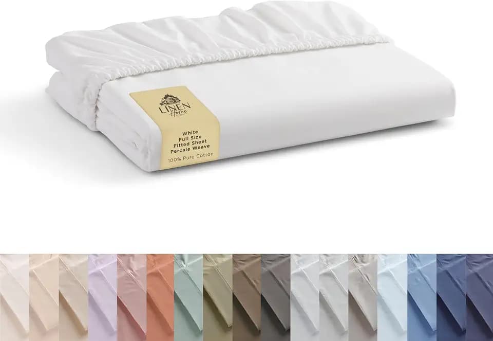 Linen Home 100% Cotton Percale Fitted Sheet only, Full Size, White