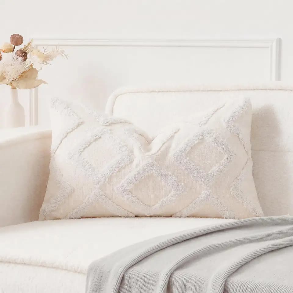 NUYECY Diamond Pattern Long Pillow Covers 14 x 24,Plush Chenille Decorative Long Lumbar Pillow Case Pillow Covers Cushion Case for Sofa Couch Bed Livingroom Farmhouse,Modern Boho,Cream White