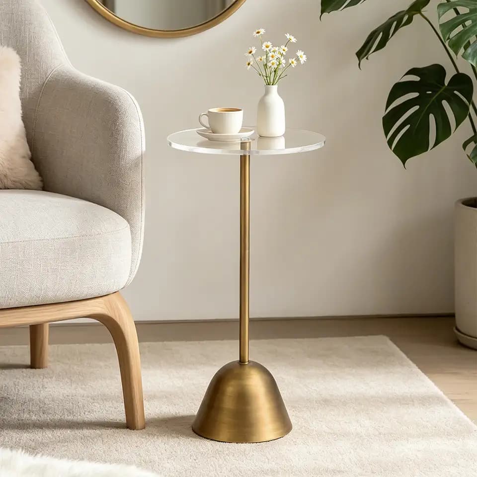 Acrylic Pedestal Side Table, Round Small Drink Table, Brass