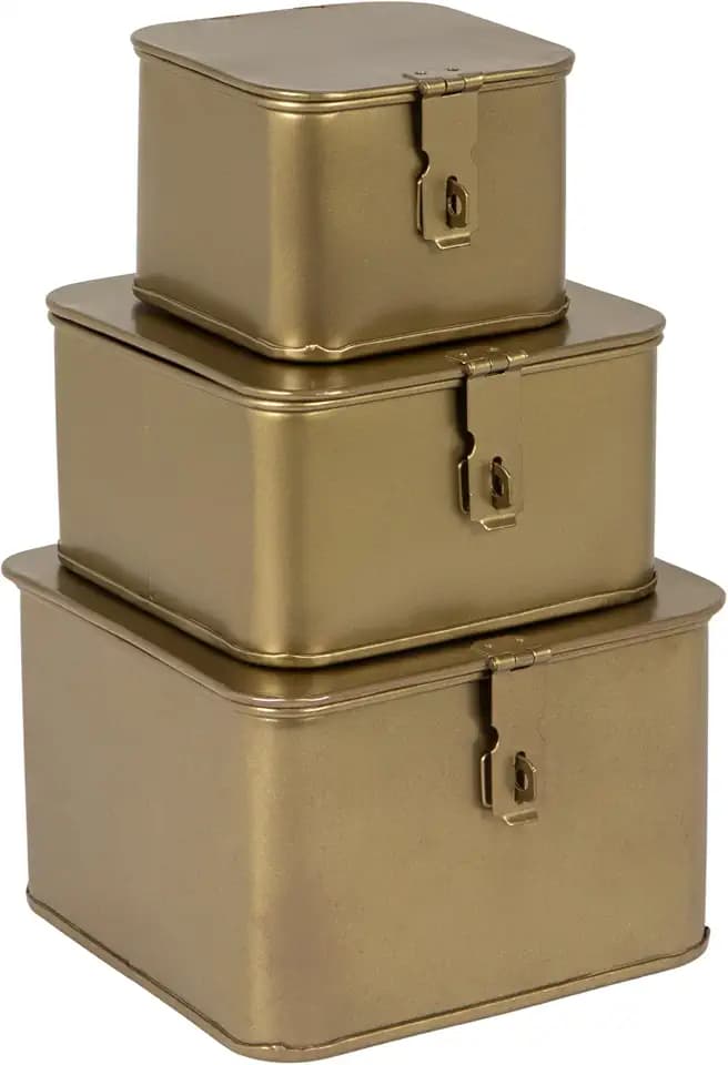 Creative Co-Op 3‑Piece Square Decorative Metal Boxes with Lid, Gold Finish and Velvet Lining