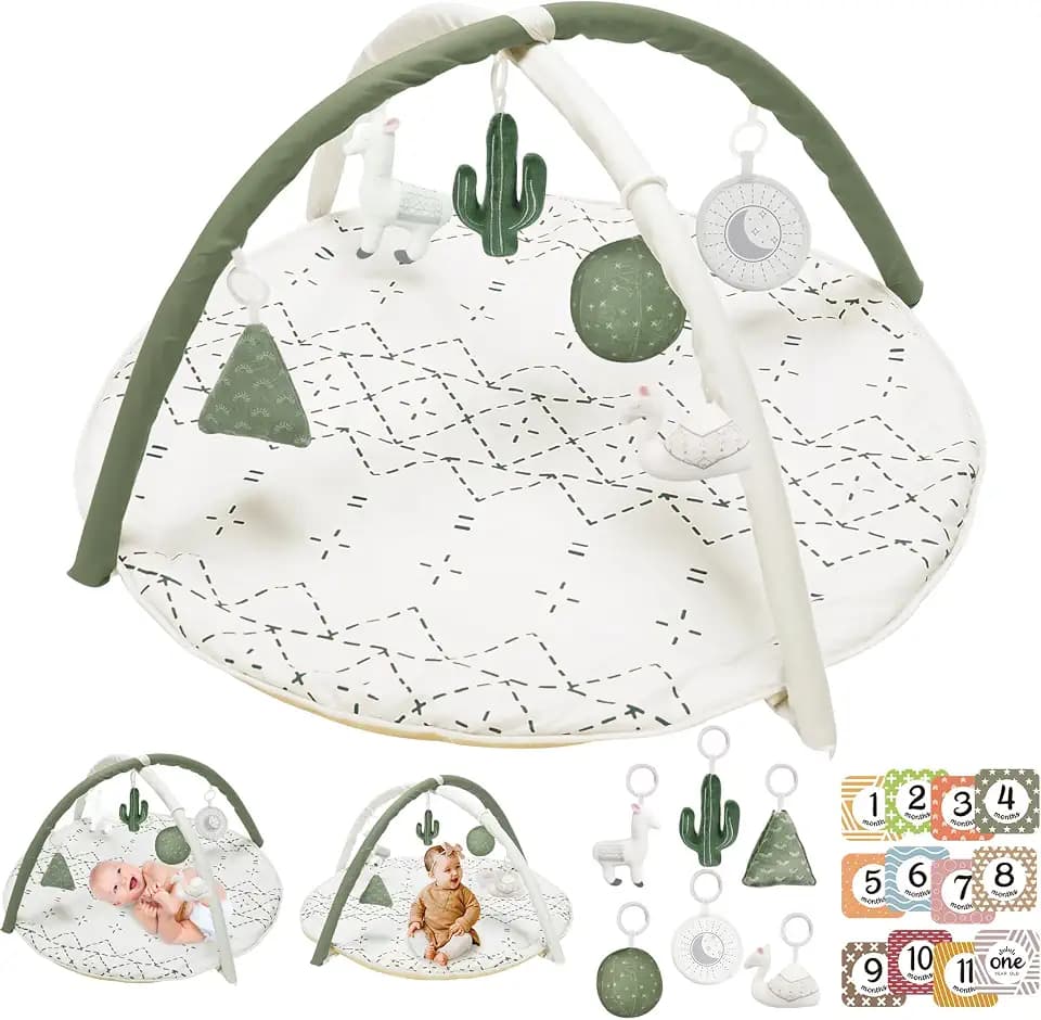 Little Dove Tummy Time Mat with 6 Toys, Macrame Baby Play Mat for Newborn, Baby Gym with 12 Milestone Cards, Stage-Based Sensory and Motor Skill Development Baby Play Gym, Non Slip Mat Washable, Green