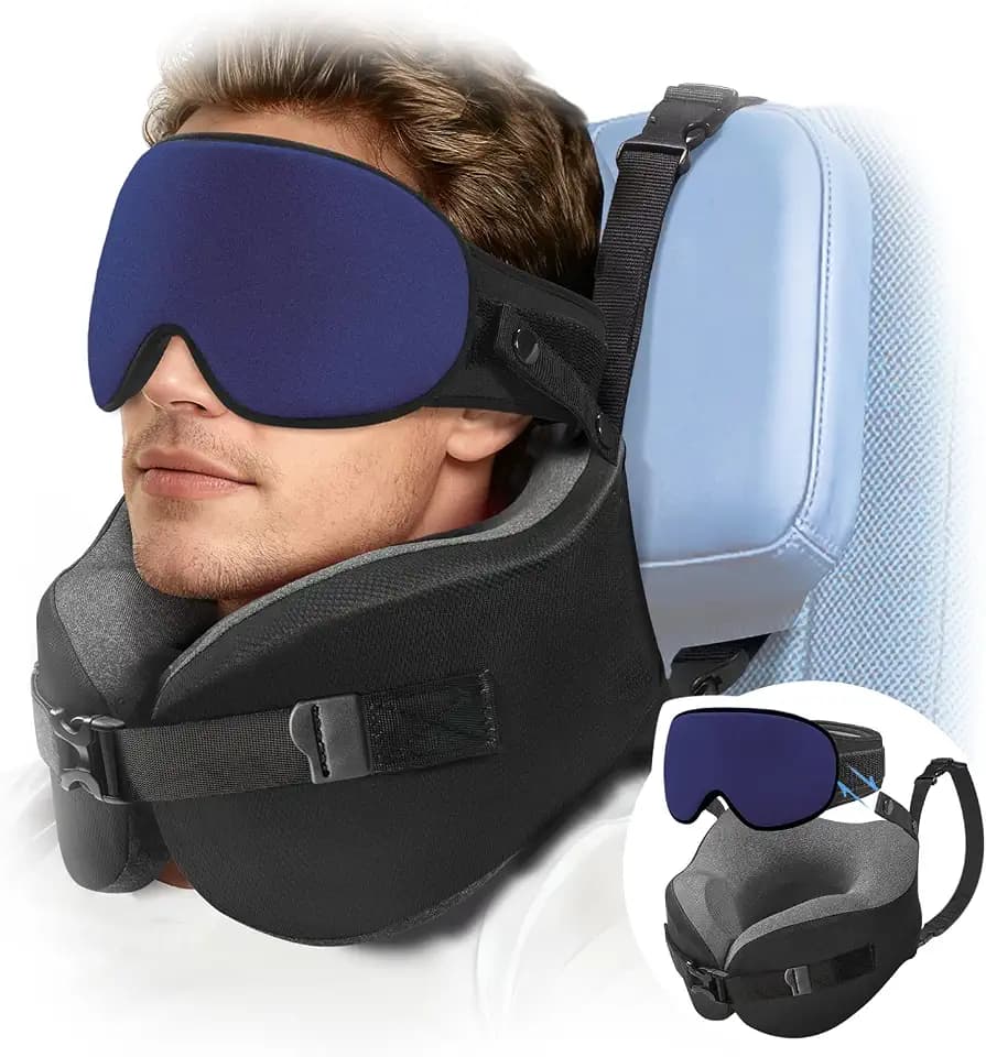 YFONG Travel Pillow with Head Support & Sleep Mask for Long Flights, Blue