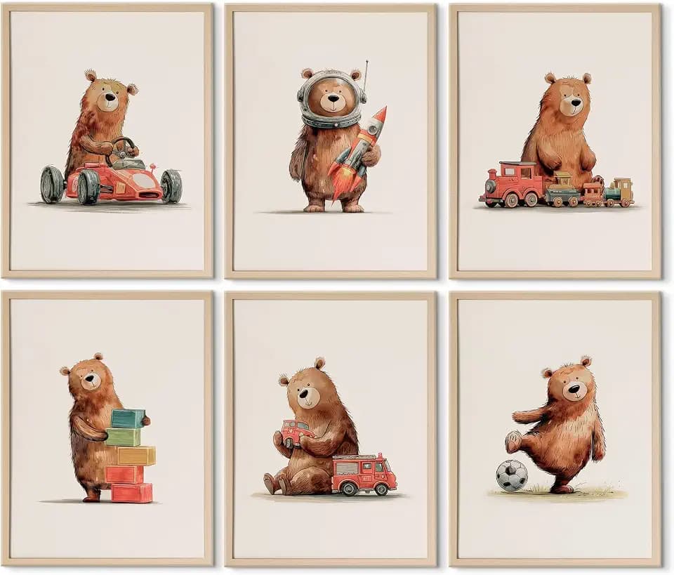 6 Pcs Teddy Bear Wall Art for Boys Cartoon Bear Kids Room Wall Decor Cute Playroom Set Canvas Prints Watercolor Nursery Car Pictures Painting for Boy Toddler Bedroom Playroom 12x16in Unframed Posters