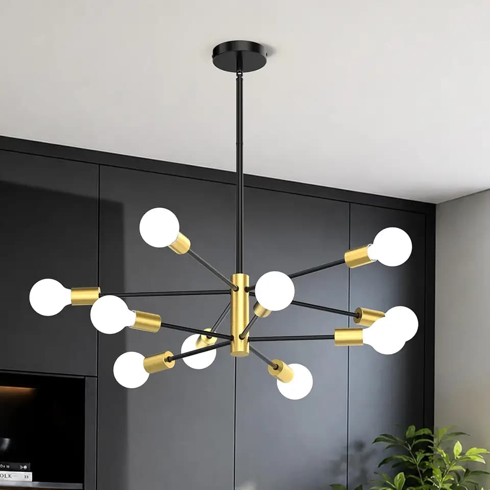 Phaosio Sputnik Chandelier 10-Light, Mid Century Modern Height Adjustable Ceiling Light Fixture for Dining Room, Kitchen Island, Living Room,Bedroom-Black and Gold