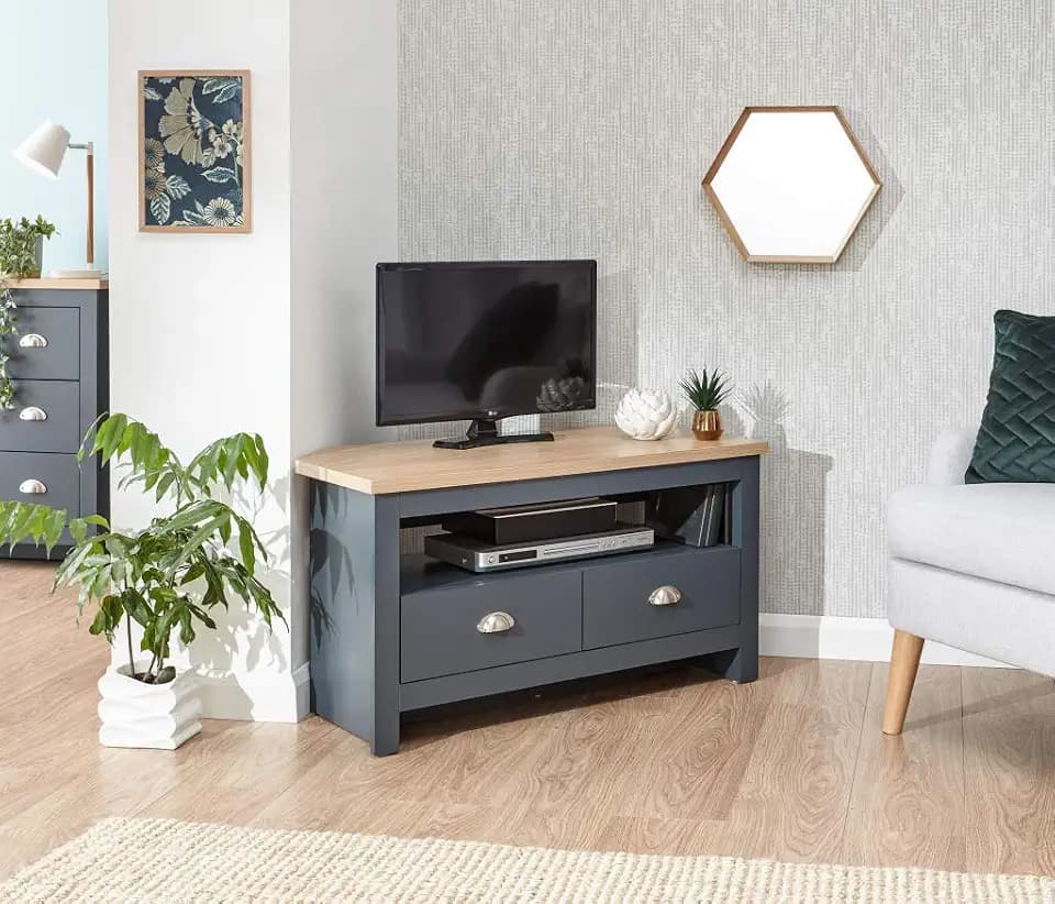 GFW Lancaster TV-Eckschrank aus Holz mit Ablage und Schubladen, Technisches, Slate Blue, 45 x 95 x 51 cm