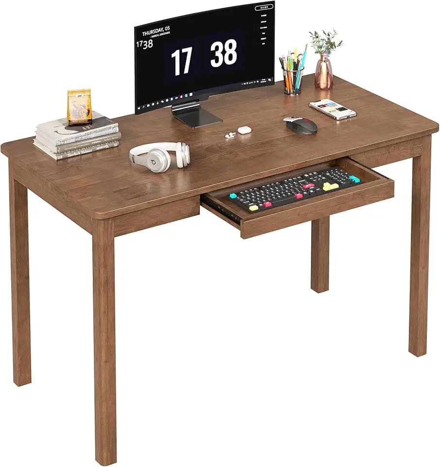 100% Solid Wood Desk with Keyboard Tray - 48 x 24 Inch Computer Desk with Keyboard Tray, Mid Century Modern Writing Desks, Simple Study Table Home Office Desks for Small Spaces|Bedroom-Walnut