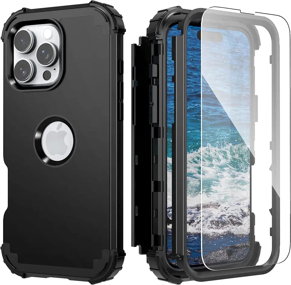 IDweel for iPhone 16 Pro Max Case with Screen Protector, 3 in 1 Shockproof Slim Fit Hybrid Heavy Duty Hard PC Cover Soft Silicone Bumper Full Body Anti-Fingerprint Case, Black
