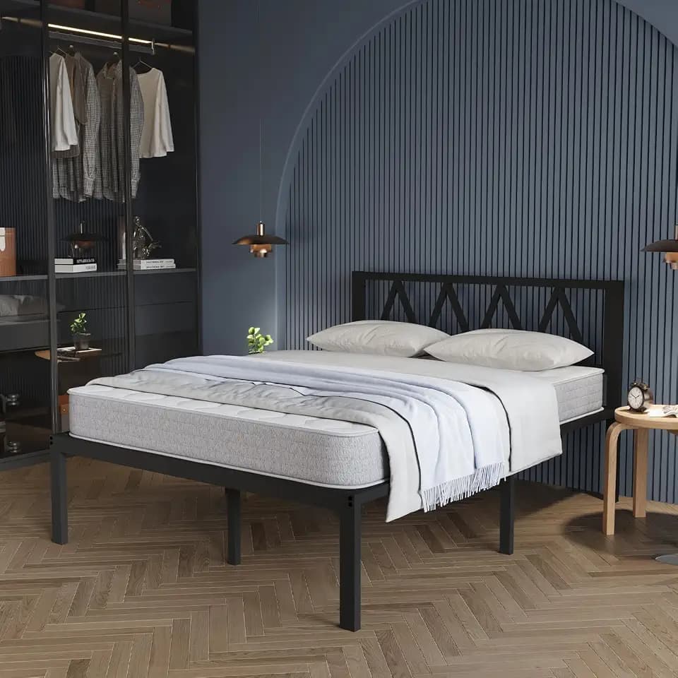 Avenco 14 Inch Full Size Bed Frame with Headboard, Metal Platform Bed Frame, Full Bed Frame No Box Spring Needed, Easy Assembly, Heavy Duty Slats Support, Black