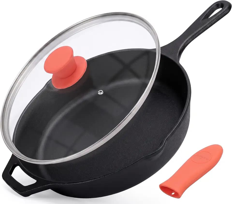 NutriChef 12-Inch Cast Iron Skillet w/Lid - Pre-Seasoned, Oven Safe, Nonstick, Cool-Touch Silicone Handle, For All Cooktops - NCCI12