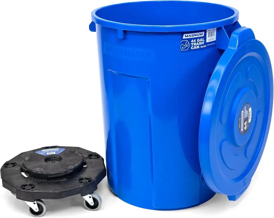 Magnum Blue 44 Gallon Trash Can Set (Trash Can, Quiet Dolly, and Reinforced Lid), Construction Grade, Jobsite Ready for Handling and Rolling Garbage CMTC-CLD0-44B01 (1 Set)