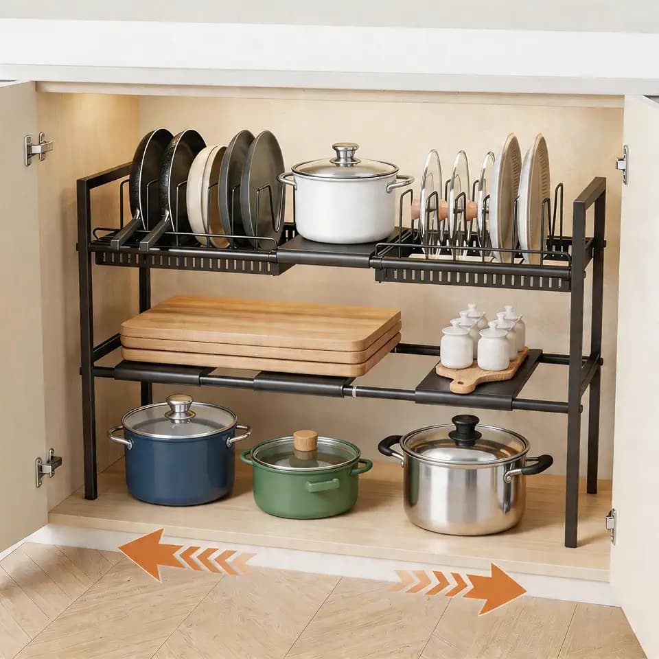 Pots and Pans Organizer Under Cabinet, Expandable Pots Organizers Inside Cabinet, Adjustable Height Under Sink Shelf 2 Tier with 10 Dividers Under Cabinet Shelf, Pot and Pan Lid Holder Rack (Black)