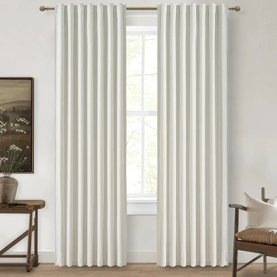 Beige White Cute Blackout Pleated Curtains 86 Inches Long 2 Pack, Insulated Sliding Door Curtain UV Heat Blocking Drapes for Living Room/Bedroom Faux Linen Ceiling Pins Hooks&Back Tab(W50 x L86)