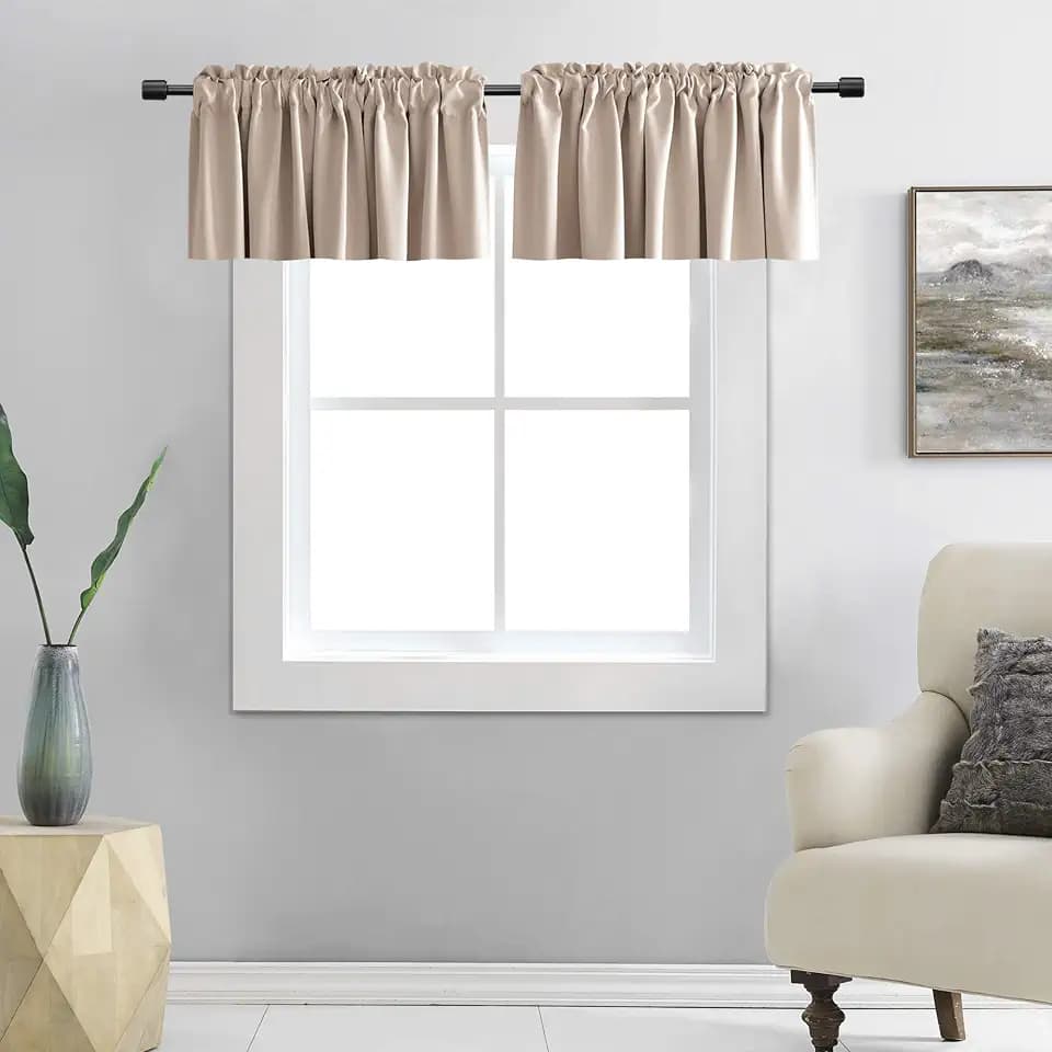 DONREN 2 Pack Blackout Window Valances for Basement with Rod Pocket -16 Inches Long Valances for Windows(Warm Taupe,52 Inches Wide)