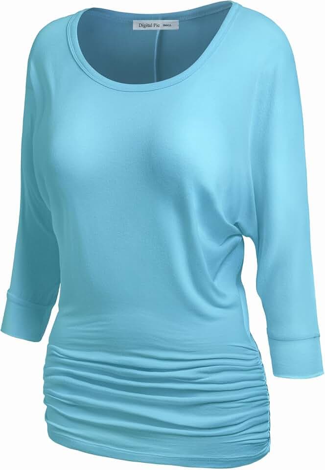 Women's Boat Neck/V-Neck 3/4 Sleeve Draped Dolman Top with Side Shirring Premium Shirt