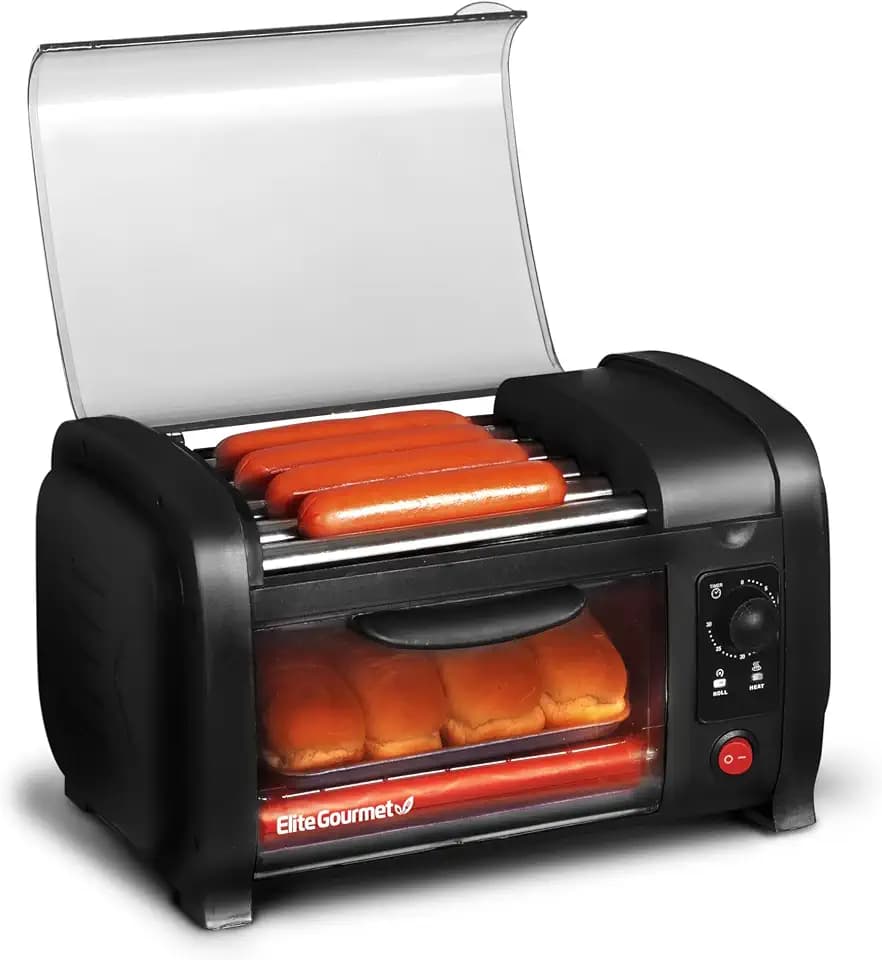 Elite Gourmet EHD-051B Hot Dog Toaster Oven, Steel Rollers, 4-Bun, Black