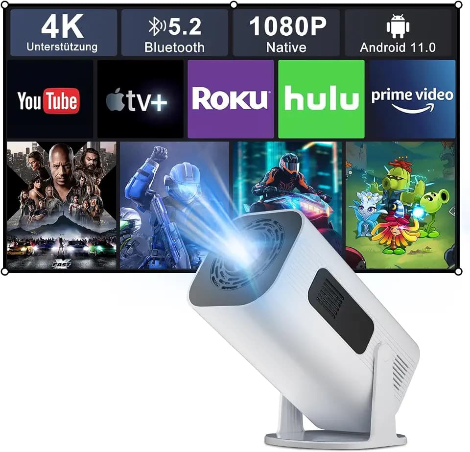 Mini Beamer Handy 4K Unterstützung mit Ständer,1080P Mini Projektor Android,Heimkino Beamer Outdoor,210°Drehbarer Smart Außenprojektor,Kompatibel TV Stick/Phone