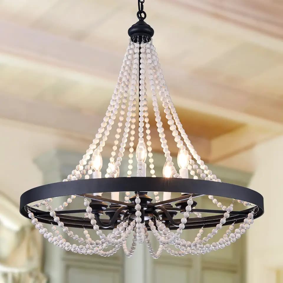TOCHIC Beaded Chandelier, 30" Boho Wood Bead Chandelier Light Fixture, Black Farmhouse Empire Dining Room Chandelier for Living Room, Bedroom, Kitchen, Girls Room, Foyer Entryway, Hallway, Bathroom