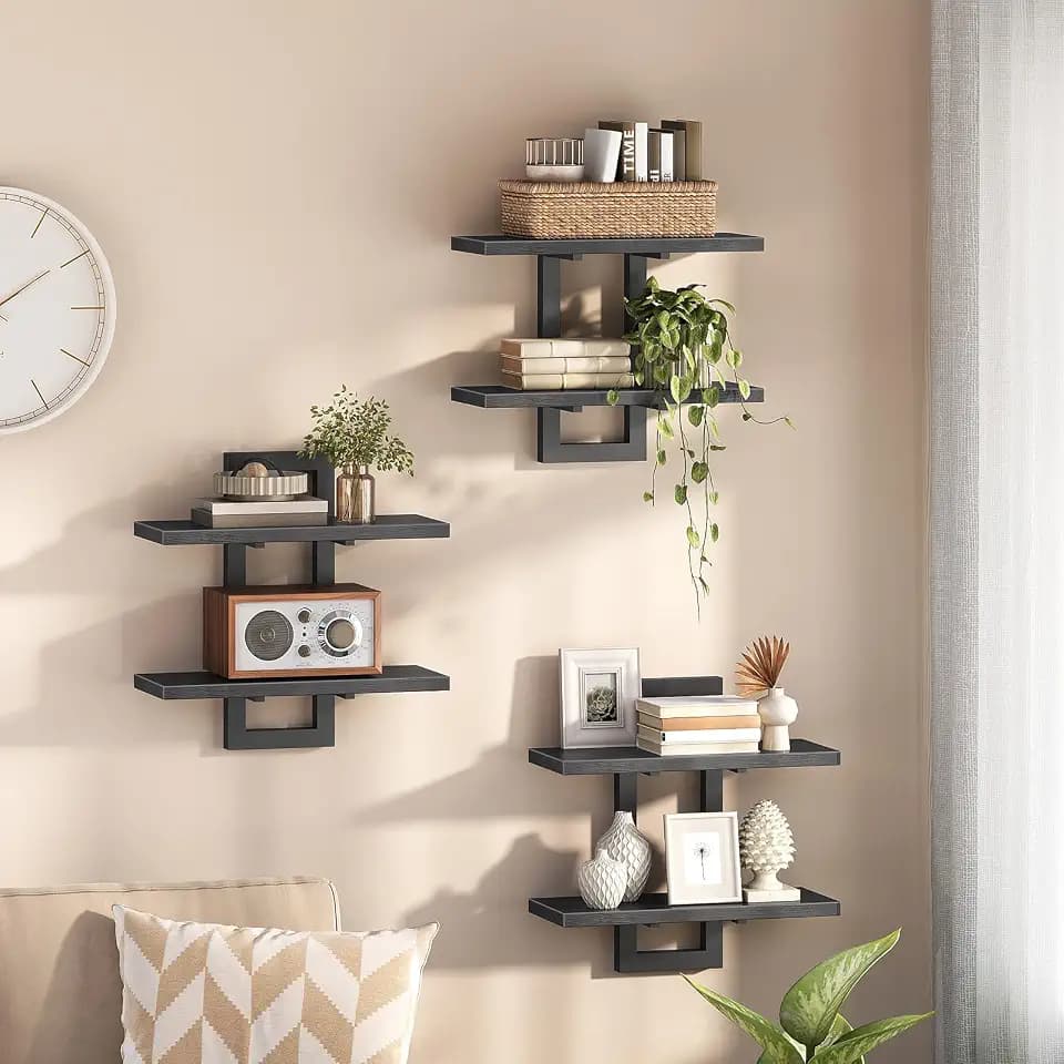HOOBRO Floating Shelves, 15 Inch Wall Shelf Set of 3, Wall Mounted Storage Shelves 2-Tier, Hanging Bathroom Shelves, for Living Room, Bedroom, Bathroom, Kitchen, Black BK32BJP301