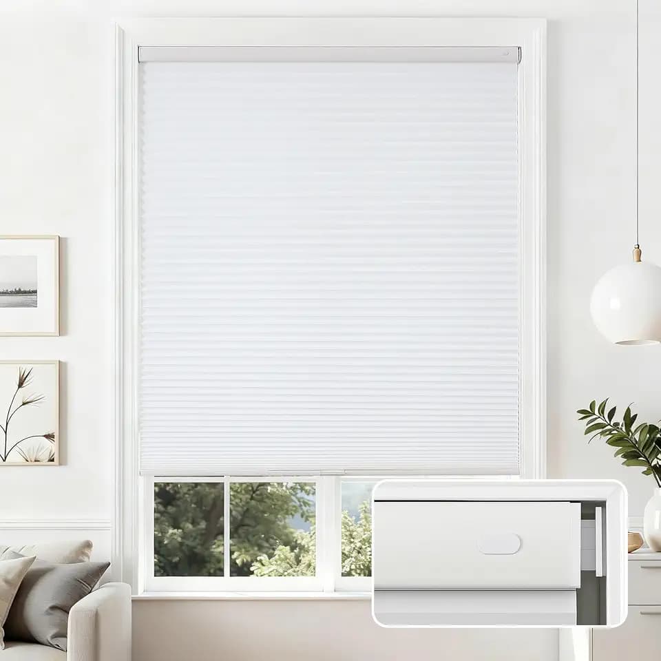 Joydeco No Drill Light Filtering Cellular Shades, 34" W x 64" H, White