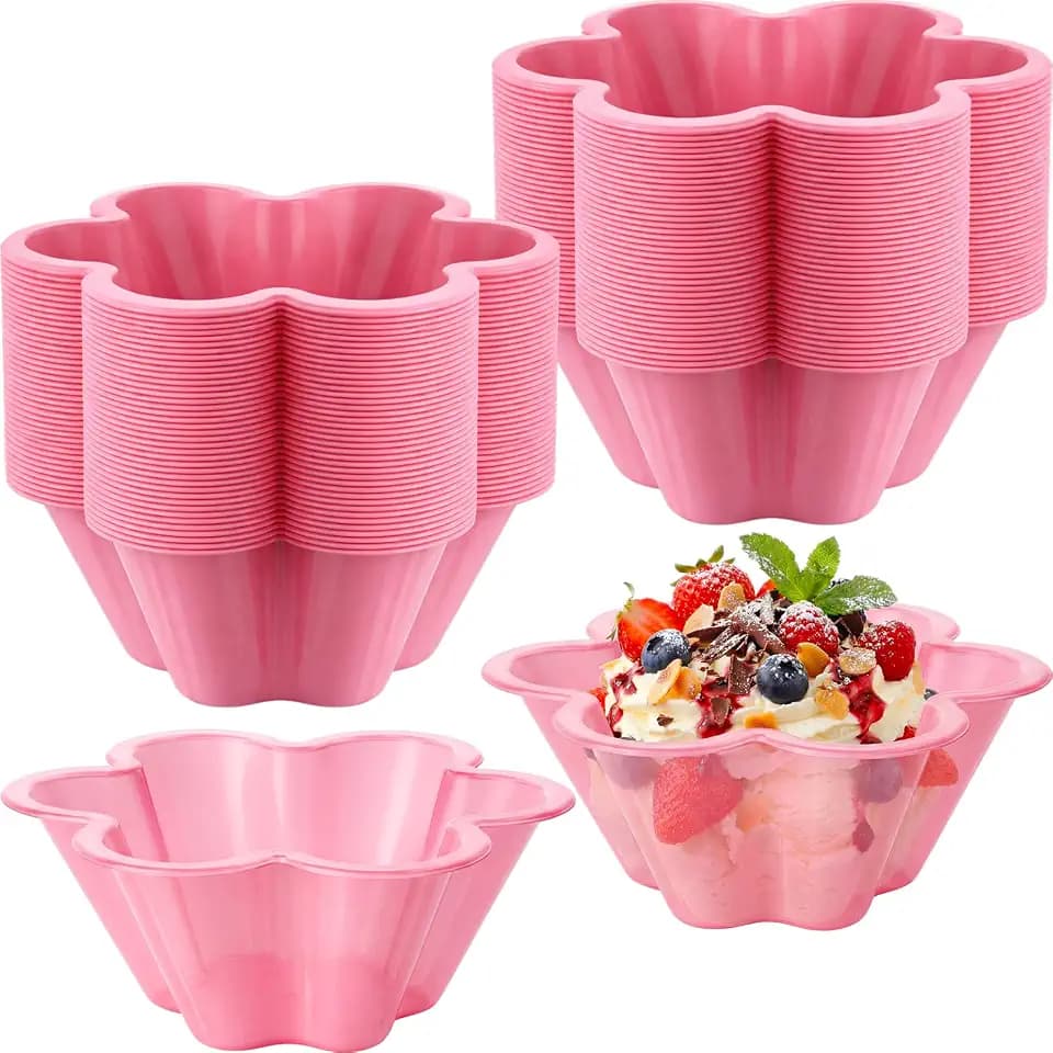 Bokon 200 Pcs Plastic Ice Cream Bowls, Disposable Sundae Dessert Cups, Pink