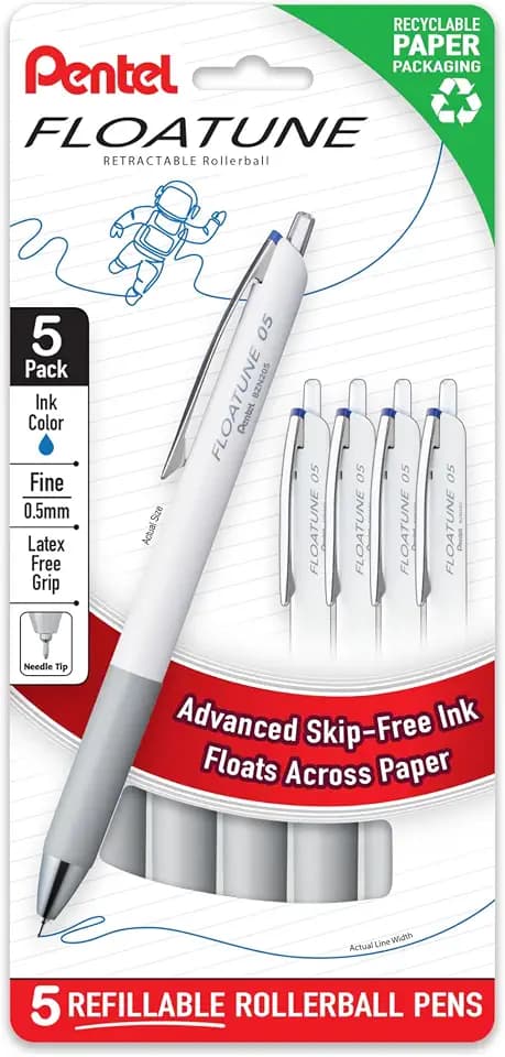 Pentel Floatune Retractable Rollerball, 0.5mm Fine Point, Blue Ink, 5-pk (BZN205PF5C)