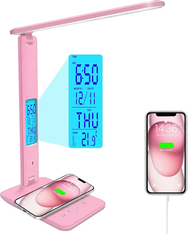 Desk Lamp with Wireless Charger,USB Charging Port, Dimmable Office Desk Light with Clock, Alarm, Date, Temperature, Foldable Lamp for Table Bedroom Bedside Office (Pink, Standard Size-13.3 inch)