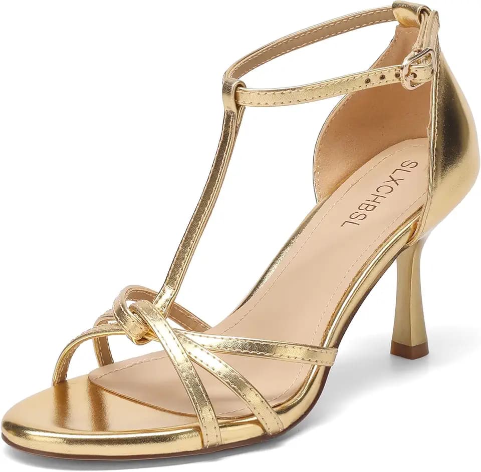 High Kitten Heel Sandals for Women, T-Strap Round Open Toe 3 Inch