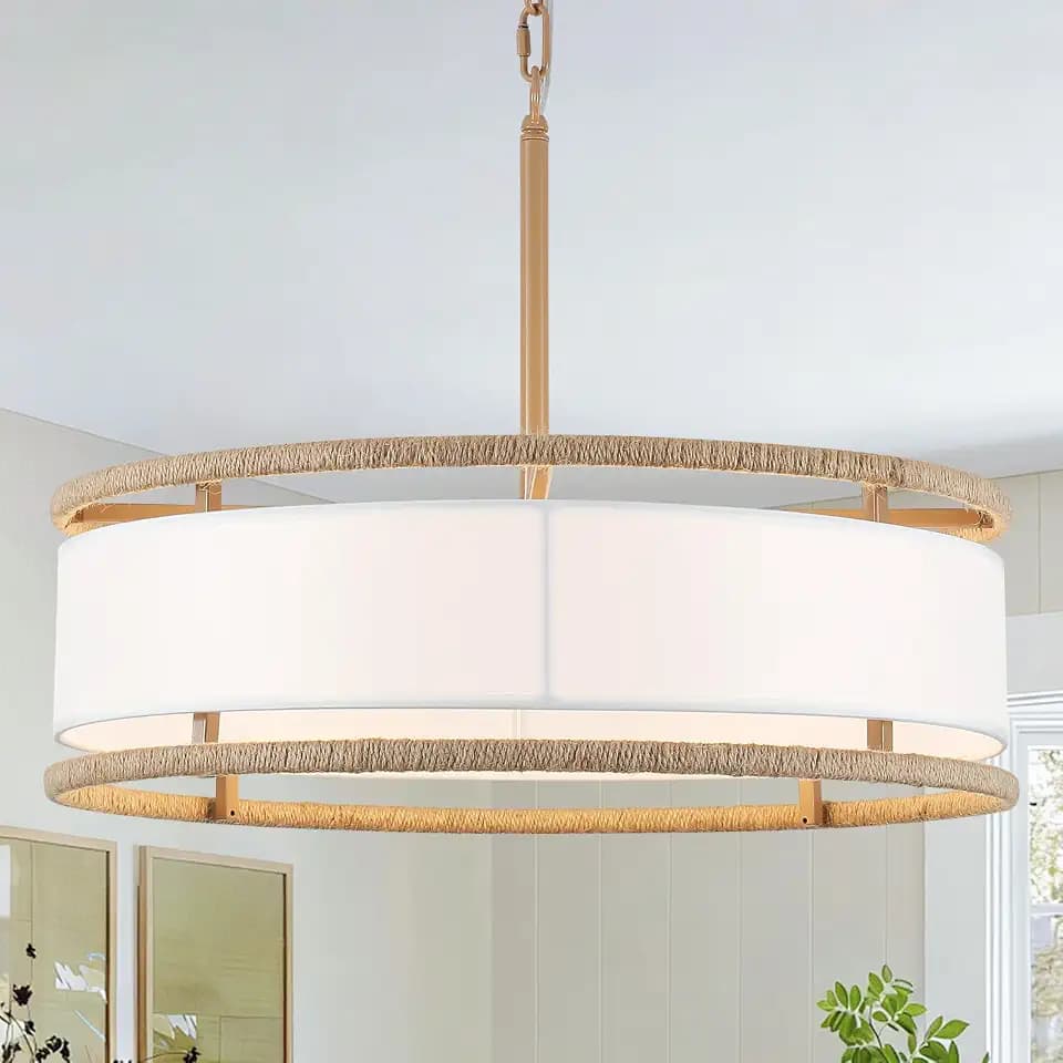 19.7" Gold Drum Chandelier, 4-Light Farmhouse Rattan Chandeliers
