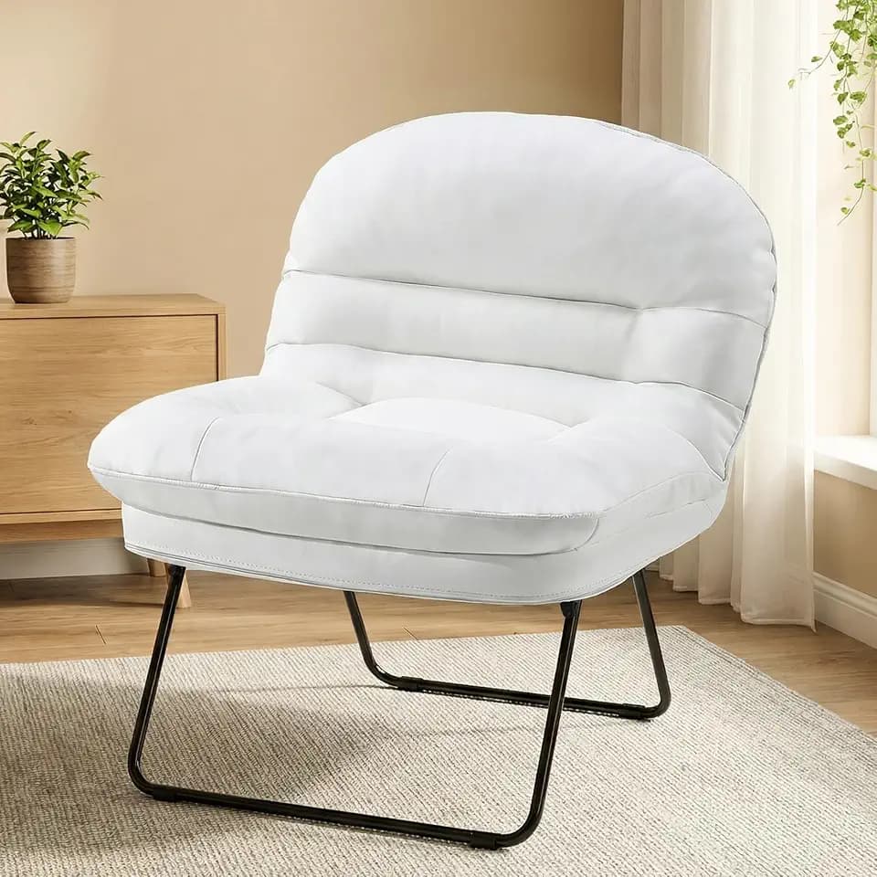 DUMOS Comfy Saucer Chair, PU Leather Foldable Chairs for Bedroom, Dorm & Gaming, Fashion Folding Floor Chair with Back Support for Small Spaces, New White