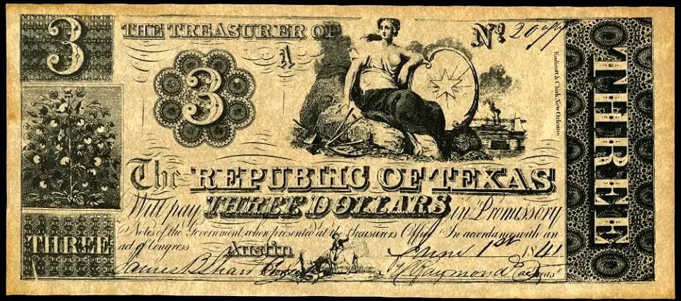 Texas Banknote 1841 Nnote for Three Dollars Issued By The Treasury Department of The Republic of Texas 1841 Poster Print by (18 x 24)