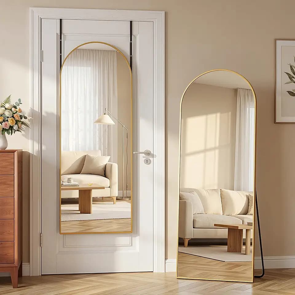58"x20" Over The Door Mirror, Arched Full Length Mirror, Gold