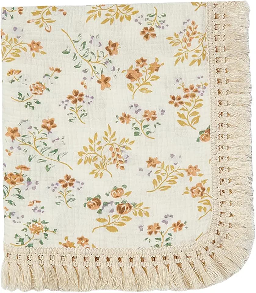 insular Cotton Muslin Baby Blanket with Tassel, Boho Bohemian Muslin Swaddle Blanket Baby Receiving Blanket with Fringe, Nursery Decor Throw or Nursing Blankets, 47" x40”, Flower