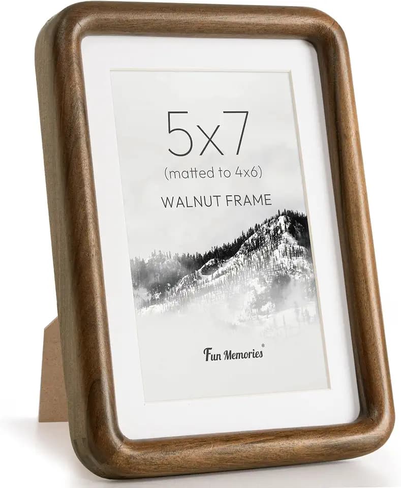 Fun Memories 5x7 Picture Frame, Solid Walnut Wood Frame with Real Glass, Hard Wood 5 by 7 Photo Frame for Wall & Tabletop Display, 5x7 Picture Frame Matted to 4x6, Natural Walnut Color