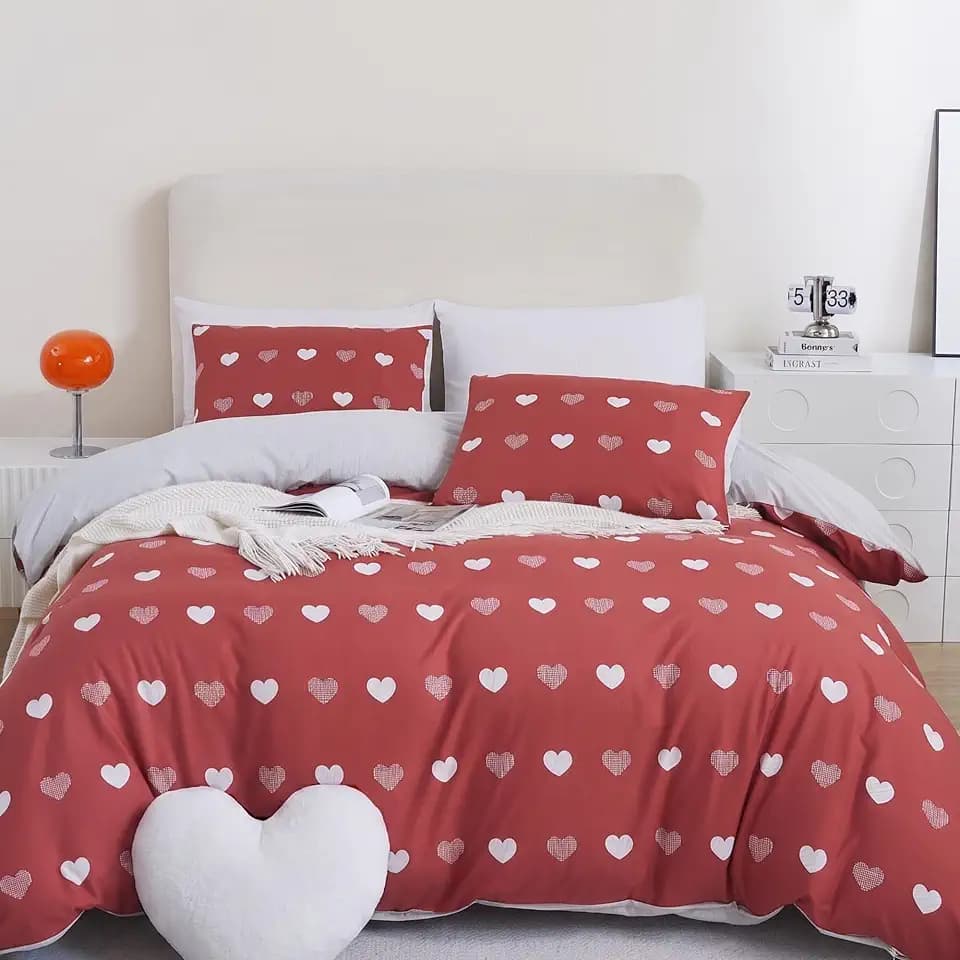 BEDAZZLED Cute Heart King Duvet Cover Set, Red & Light Gray, 3 Pieces