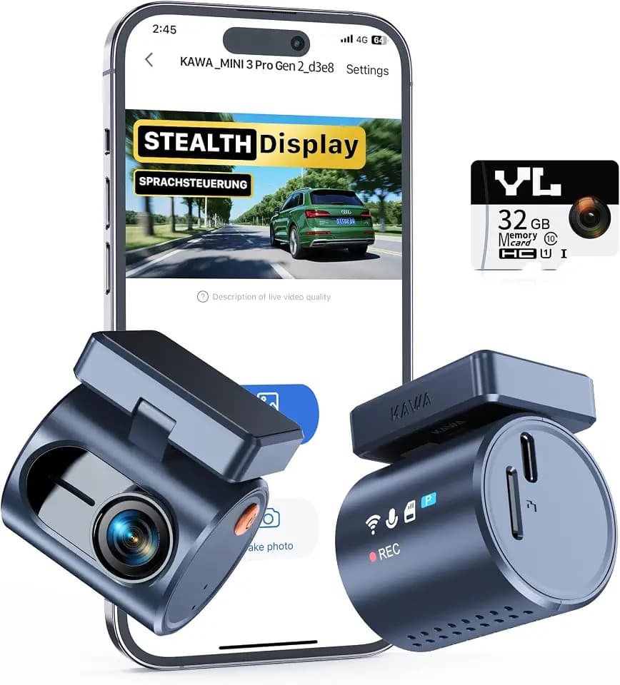 KAWA Dashcam 2K,Commande Vocale,Écran Discret,Caméra de Voiture WiFi
