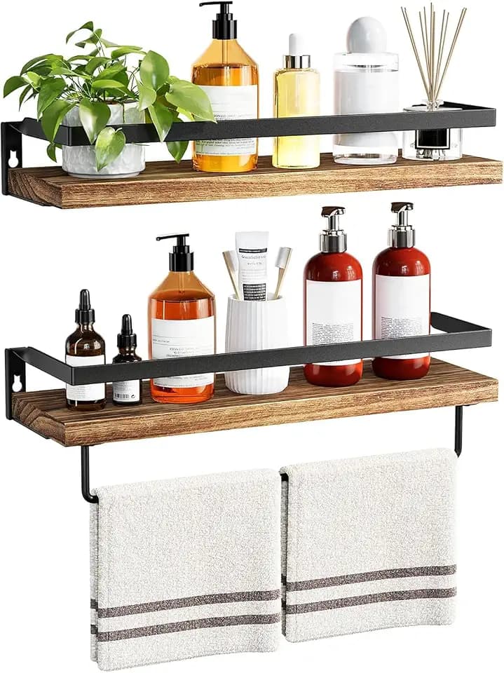 Amada Bathroom Shelves with Towel Bar, Set of 2, Rustic Brown