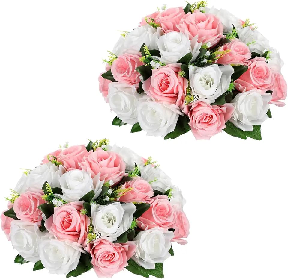 Briful Fake Floral Balls for Centerpieces - 2PCS 11.8" Large Faux Rose Flower Arrangement Silk Flower Bouquet for Home Wedding Party Anniversary Table Vase Flower Stand Decor(White Pink)