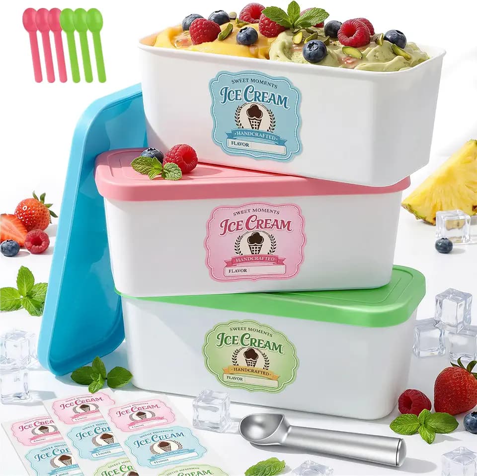 LemonRoad 3 Pack Reusable Ice Cream Containers 2 Quart Freezer Storage with Silicone Lids Stackable Ice Cream Tub Boxes with Spoons and Stickers for Homemade Sorbet Frozen Yogurt (Pink Blue Green)