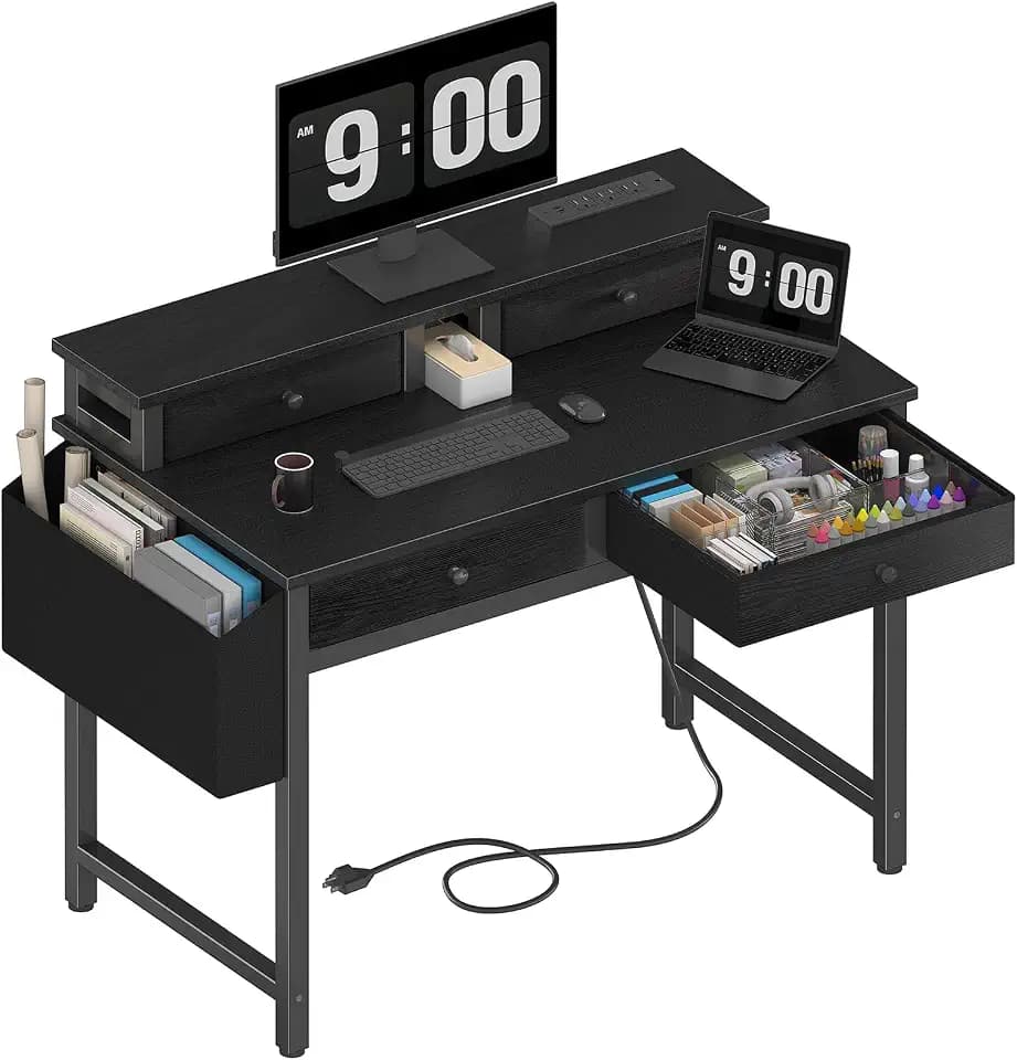 Lufeiya Small Desk with Drawers for Home Office Bedroom, 31 inch Black Writing Study Desks with Fabric Drawers Storage, Gaming Desk Table with Power Outlet & Monitor Stand, Black
