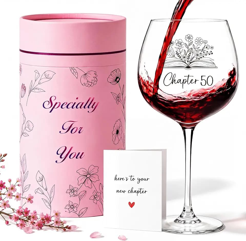 50th Birthday Gifts for Women – Chapter 50 Wine Glass Gift for Her, Elegant Stemmed Wine Glass with Gift Box & Card, Unique Birthday Gifts for Mom Wife Sister Aunt, 50 Year Old Birthday Decorations