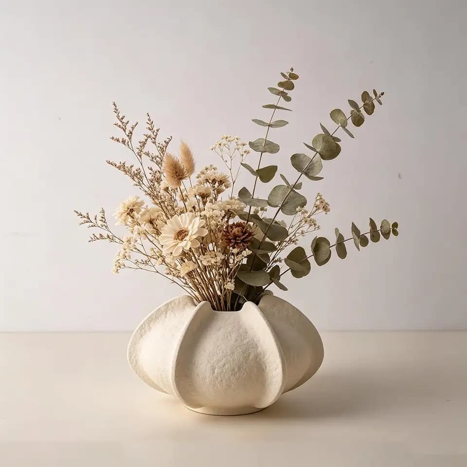 Ceramic Flower Vase Home Decor,3.9" Rustic Vintage Starfruit Shaped Beige Terracotta Vases,Modern Boho Living Room Farmhouse Table Vases Living Room Decor,Shelf Coffee Dining Desk Fireplace