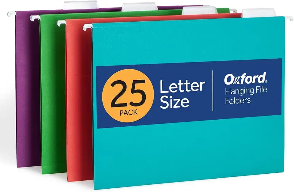 Oxford Hanging File Folders, 25 Pack, Letter Size (8.5" x 11"), 4 Tropical Colors, 5 Tab Positions, Includes Tabs and Inserts, Hanging Files for Office and Document Organization